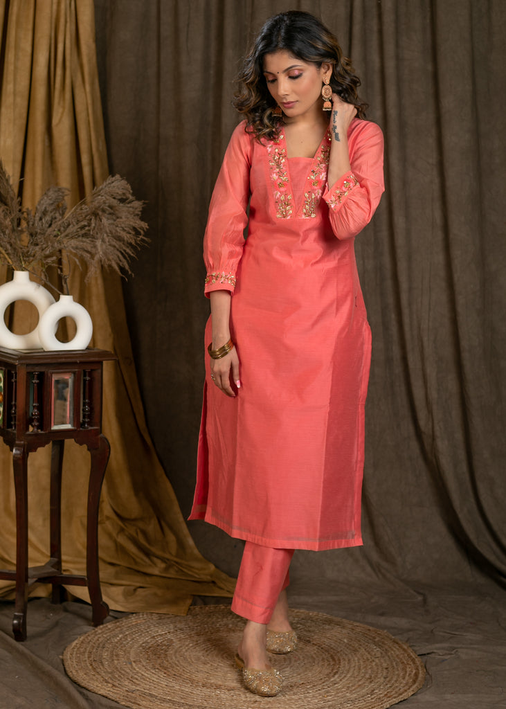 Gorgeous Peach Chanderi Kurta with Zardosi Work On Neckline and Sleeves with Lining - Pant Optional
