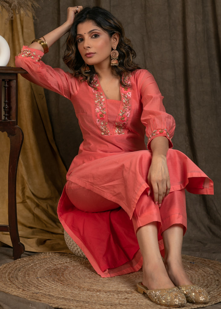 Gorgeous Peach Chanderi Kurta with Zardosi Work On Neckline and Sleeves with Lining - Pant Optional
