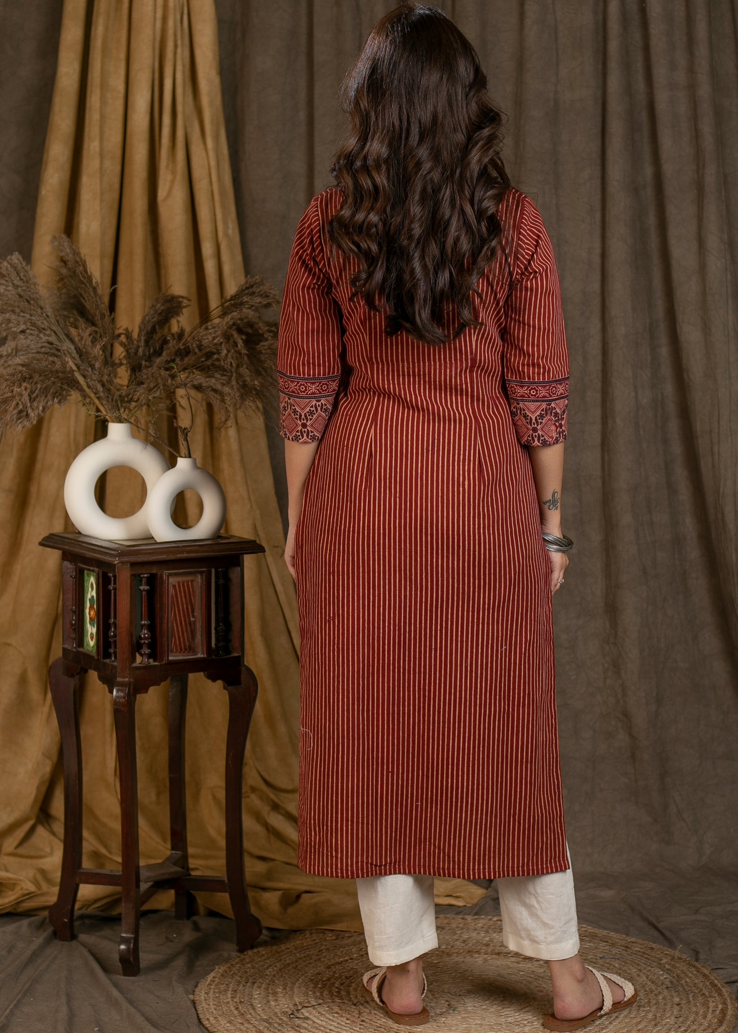 Elegant V Neckline Cotton Ajrakh Combination Straight Cut Kurta with Wooden Buttons - Pant Optional