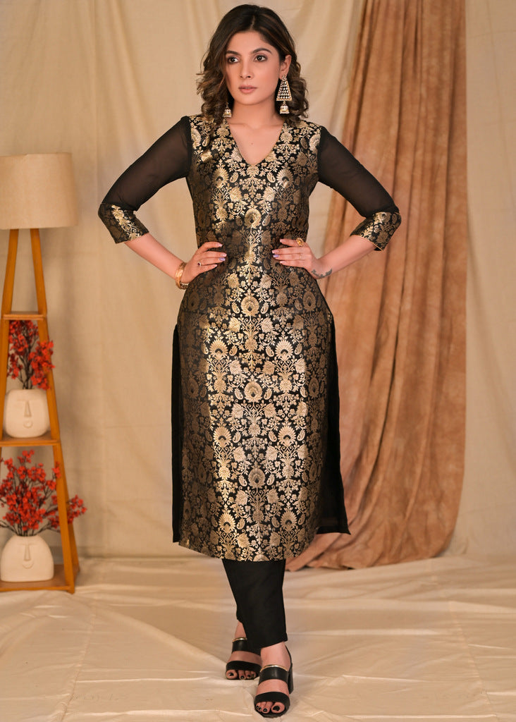 Elegant Black Brocade Kurta with Embroidered Gold and Magenta Cotton Silk Jacket - Pant Optional