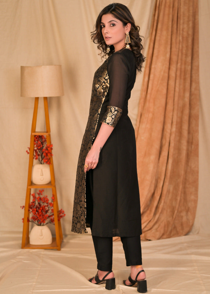 Elegant Black Brocade Kurta with Embroidered Gold and Magenta Cotton Silk Jacket - Pant Optional