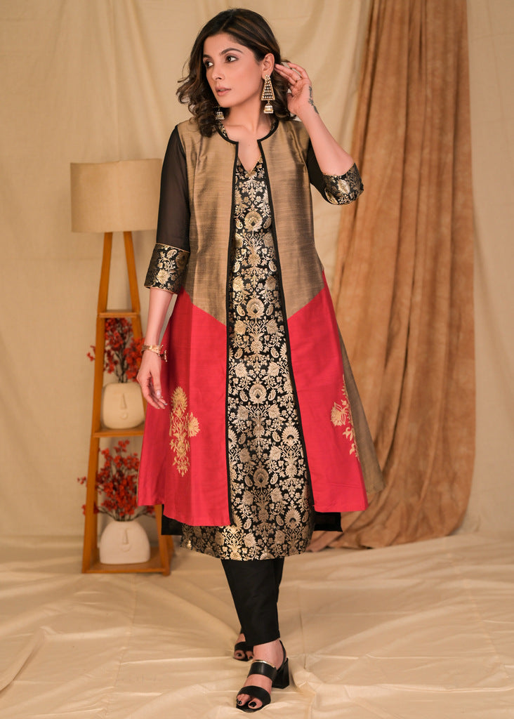 Elegant Black Brocade Kurta with Embroidered Gold and Magenta Cotton Silk Jacket - Pant Optional