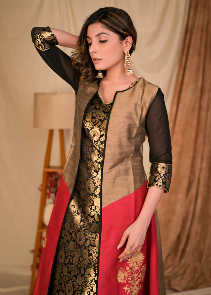 Elegant Black Brocade Kurta with Embroidered Gold and Magenta Cotton Silk Jacket - Pant Optional