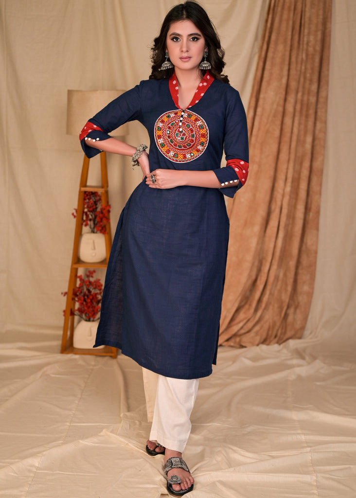 Beautiful Straight Cut Navy Blue Cotton Kurta with Kutch mirror work on yoke - Pant Optional