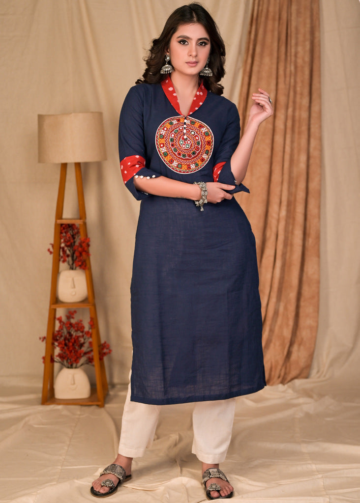 Beautiful Straight Cut Navy Blue Cotton Kurta with Kutch mirror work on yoke - Pant Optional