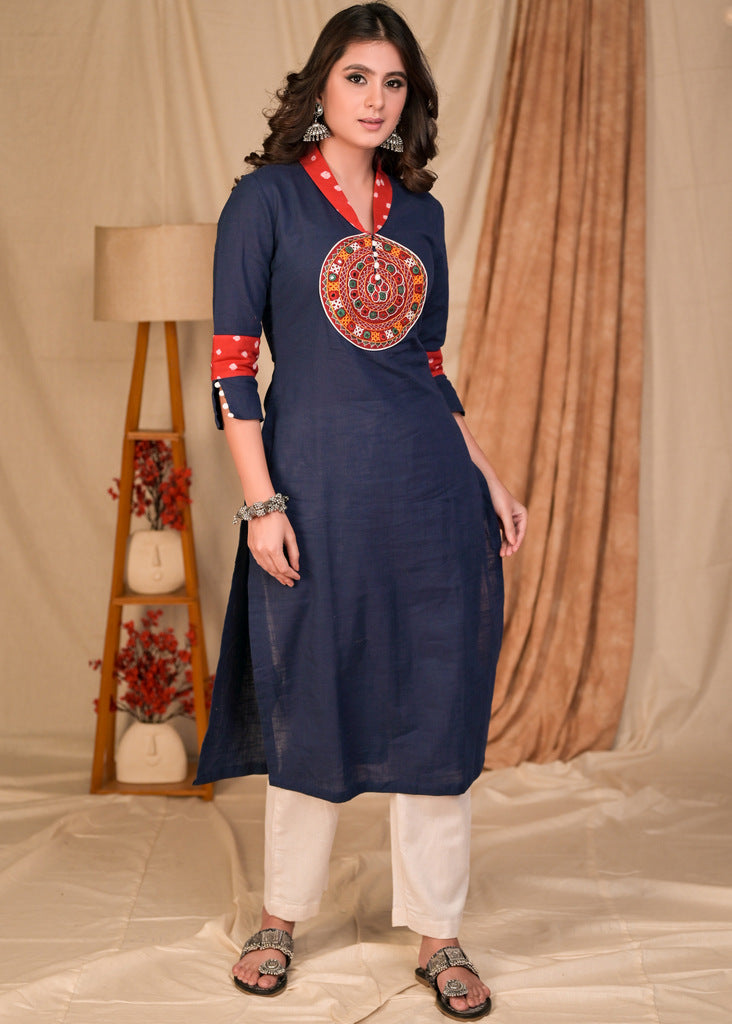 Beautiful Straight Cut Navy Blue Cotton Kurta with Kutch mirror work on yoke - Pant Optional