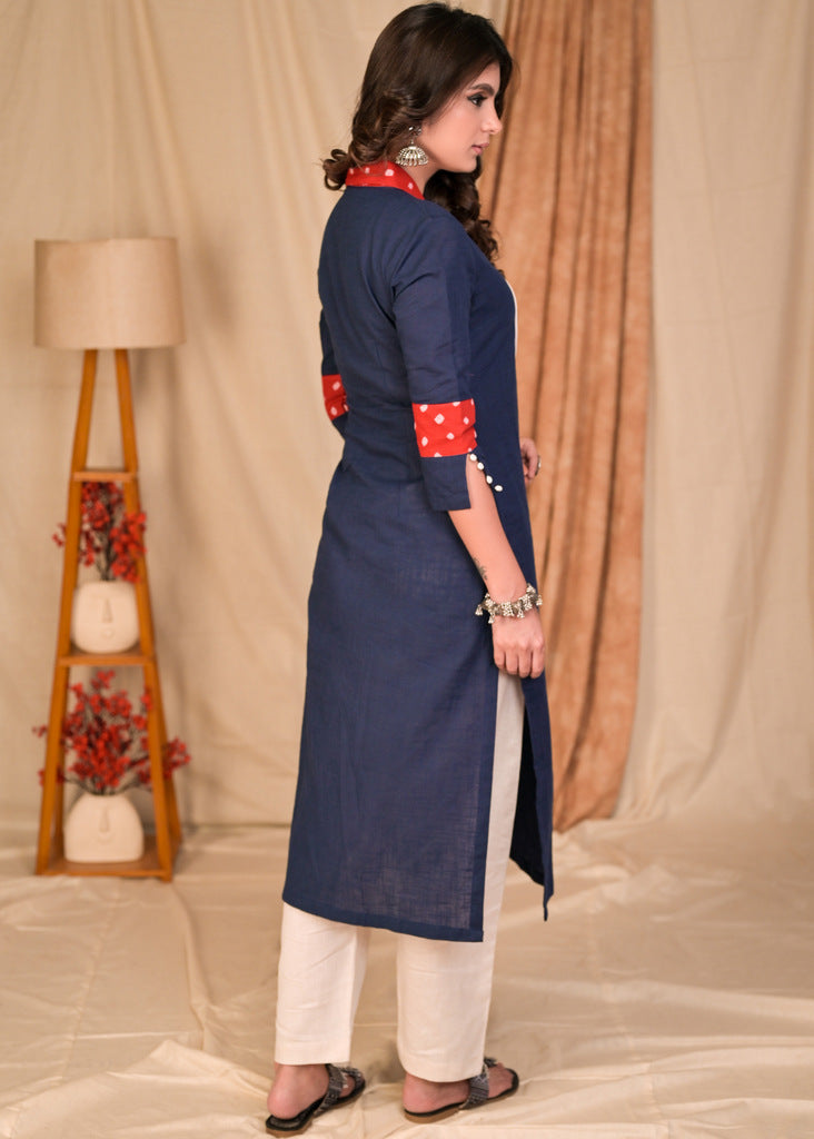 Beautiful Straight Cut Navy Blue Cotton Kurta with Kutch mirror work on yoke - Pant Optional