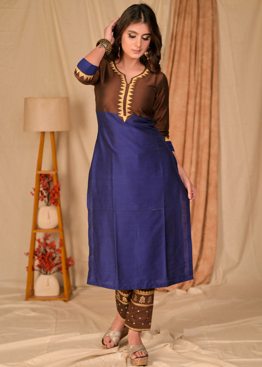 Trendy Straight Cut Brown and Royal Blue Blocked Cotton Silk Kurta with Embroidered Neckline - Embroidered Pant Optional