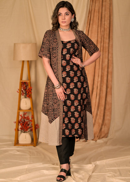 Beautiful Black Floral Cotton Ajrakh Kurta with Geometric Cotton Ajrakh Jacket - Pant Optional