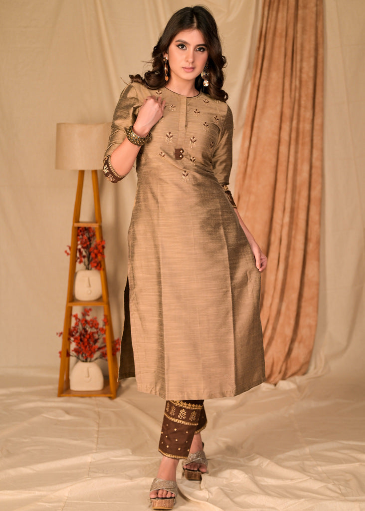 Exclusive Gold Cotton Silk Kurta with Beautiful Embroidery Front and Sleeves - Pant Optional