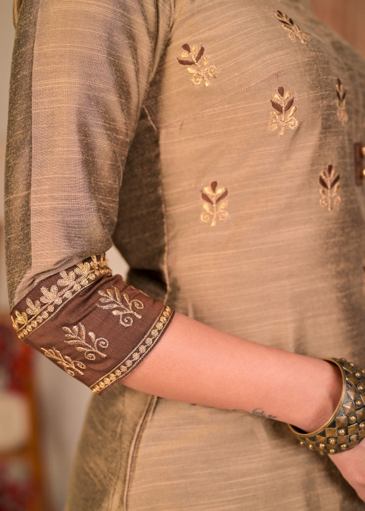 Exclusive Gold Cotton Silk Kurta with Beautiful Embroidery Front and Sleeves - Pant Optional