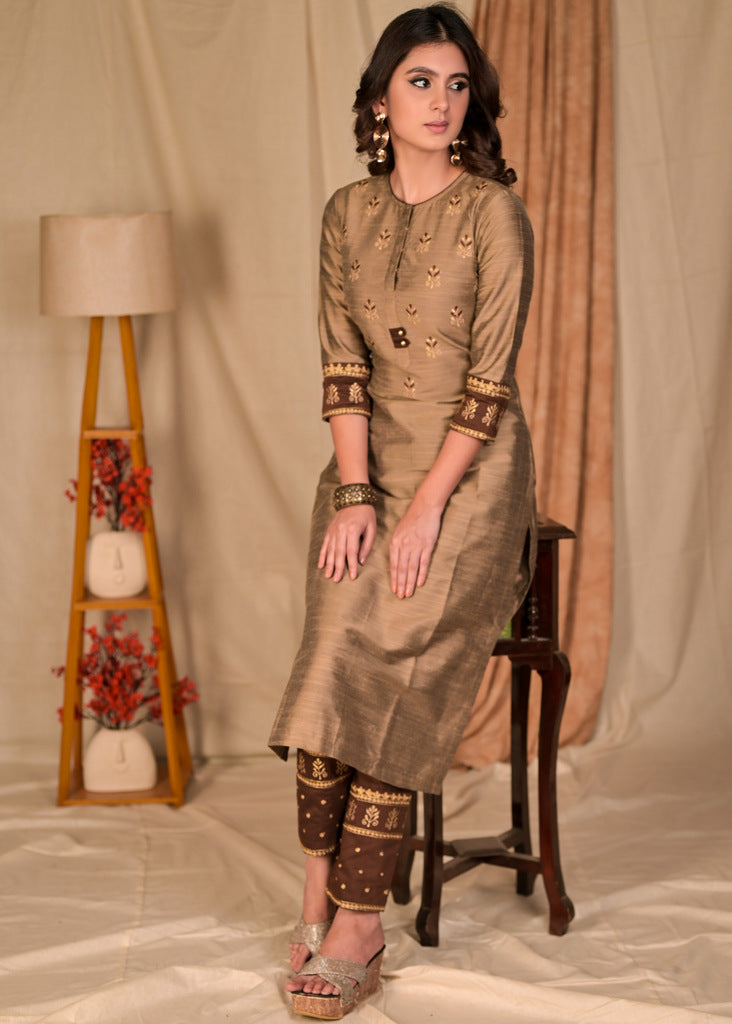 Exclusive Gold Cotton Silk Kurta with Beautiful Embroidery Front and Sleeves - Pant Optional