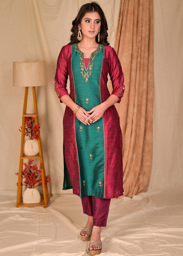 Elegant Wine and Turquoise Green Cotton Silk Combination Kurta with Hand Embroidery on Front and Sleeves - Pant Optional