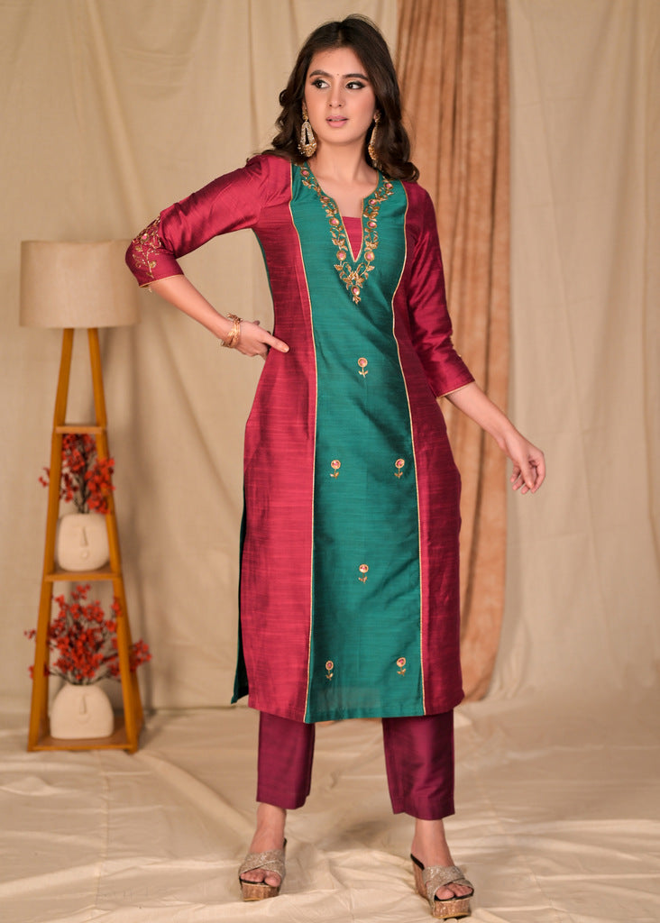 Elegant Wine and Turquoise Green Cotton Silk Combination Kurta with Hand Embroidery on Front and Sleeves - Pant Optional