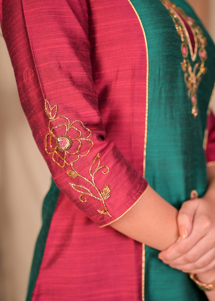 Elegant Wine and Turquoise Green Cotton Silk Combination Kurta with Hand Embroidery on Front and Sleeves - Pant Optional