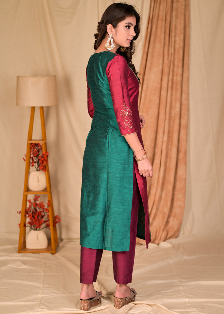Elegant Wine and Turquoise Green Cotton Silk Combination Kurta with Hand Embroidery on Front and Sleeves - Pant Optional
