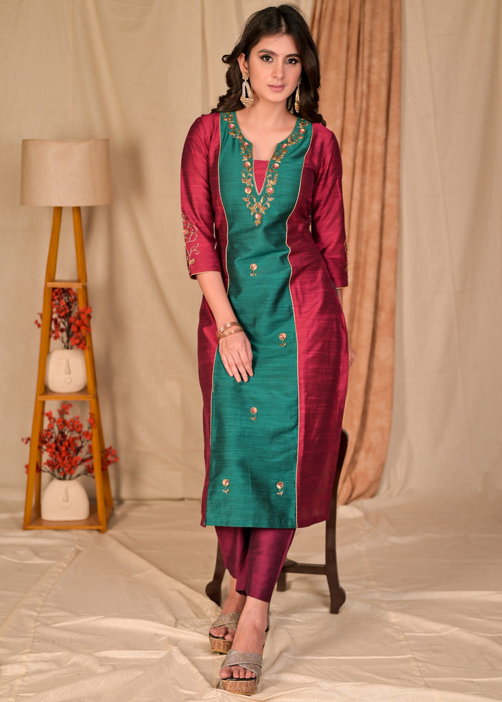 Elegant Wine and Turquoise Green Cotton Silk Combination Kurta with Hand Embroidery on Front and Sleeves - Pant Optional