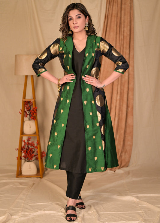 Black Cotton Silk Kurta - Brocade Jacket & Pant Optional