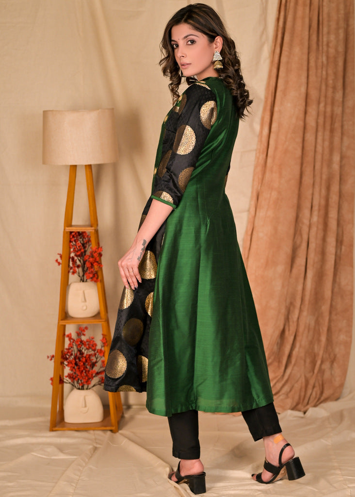Beautiful Bottle Green and Black Cotton Silk Brocade Jacket and Black Cotton Silk Kurta Set - Pant Optional