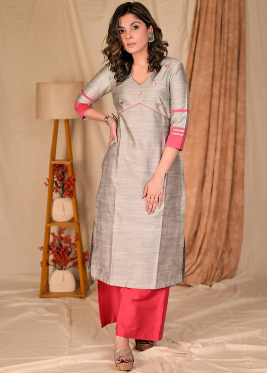 Classy Grey Cotton Silk Kurta with Hand Embroidered Lotus Motif on Yoke and Contrast Detailing - Palazzo Optional