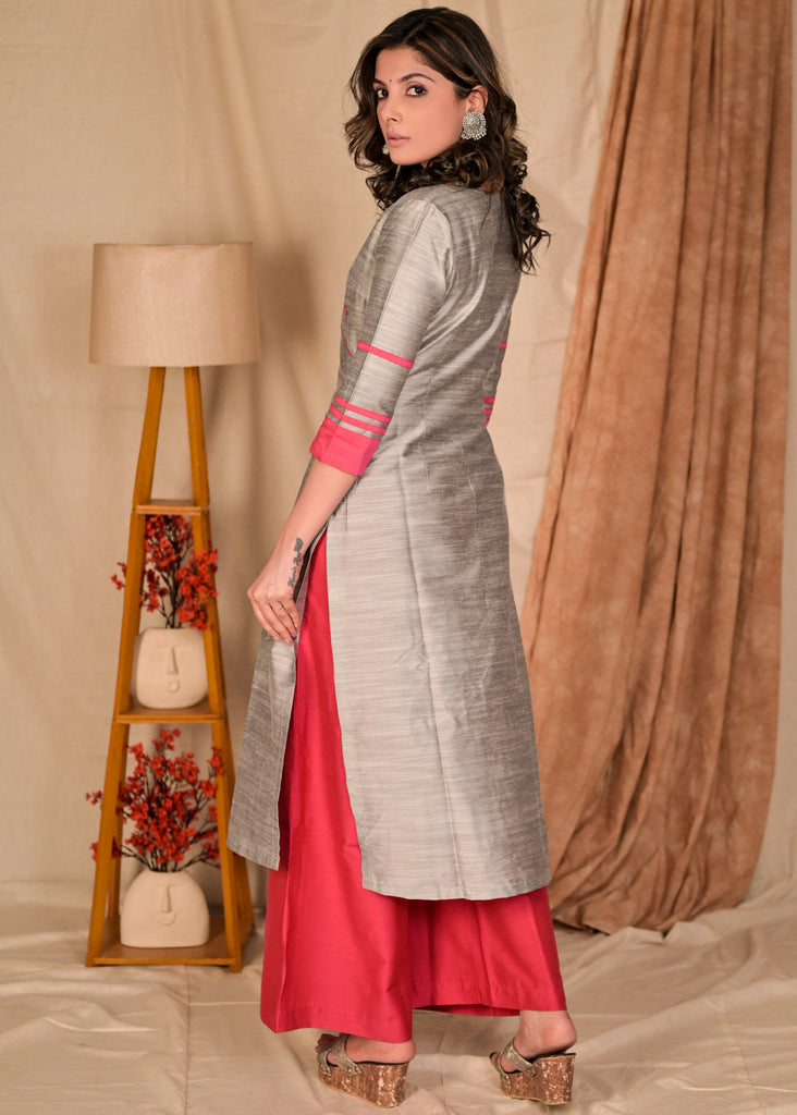 Classy Grey Cotton Silk Kurta with Hand Embroidered Lotus Motif on Yoke and Contrast Detailing - Palazzo Optional