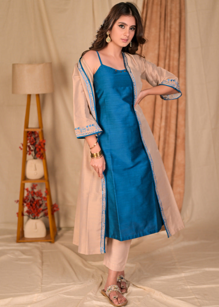 Beautiful Beige Cotton Silk Embroidered Jacket with Blue Cotton Silk Inner Set - Beige Palazzo Optional