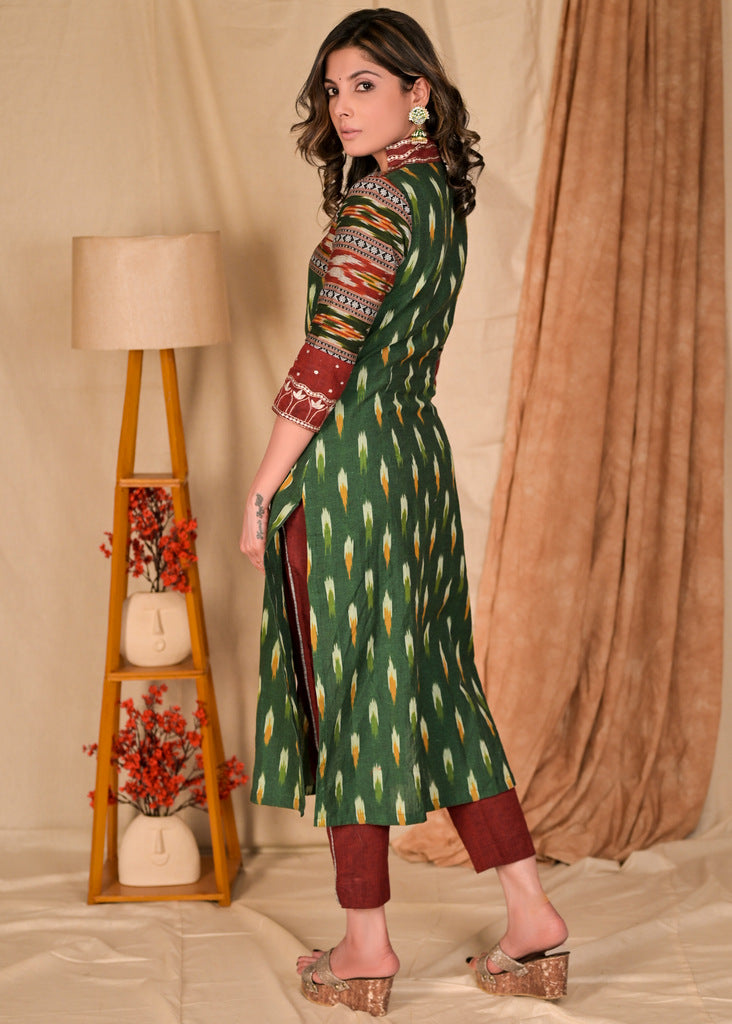 Trendy Emerald Green Combination Cotton Ikat Kurta with Embroidered Collars and Sleeves - Pant Optional