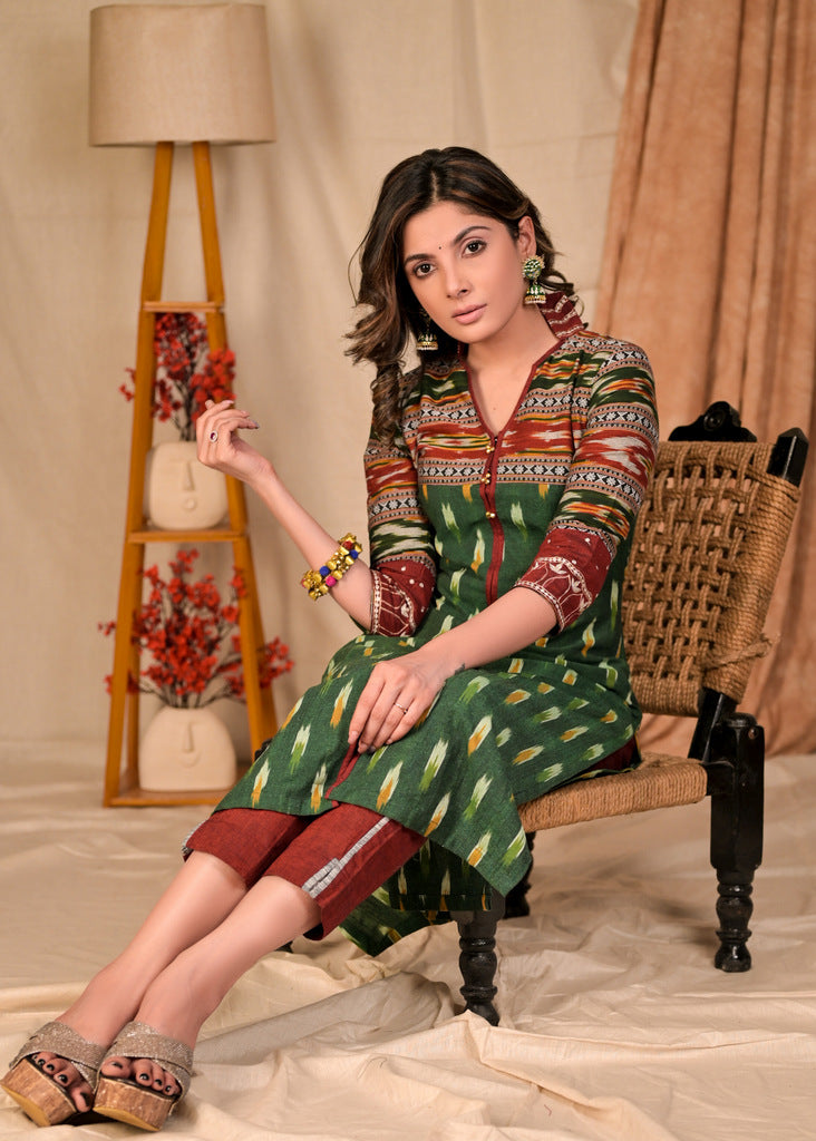 Trendy Emerald Green Combination Cotton Ikat Kurta with Embroidered Collars and Sleeves - Pant Optional