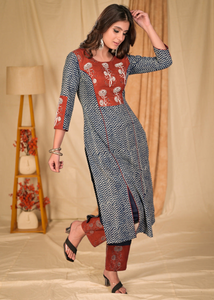 Beautiful Zig Zag Cotton Indigo and Ajrakh Combination Kurta with Hand Embroidered Yoke and Sleeves - Pant Optional