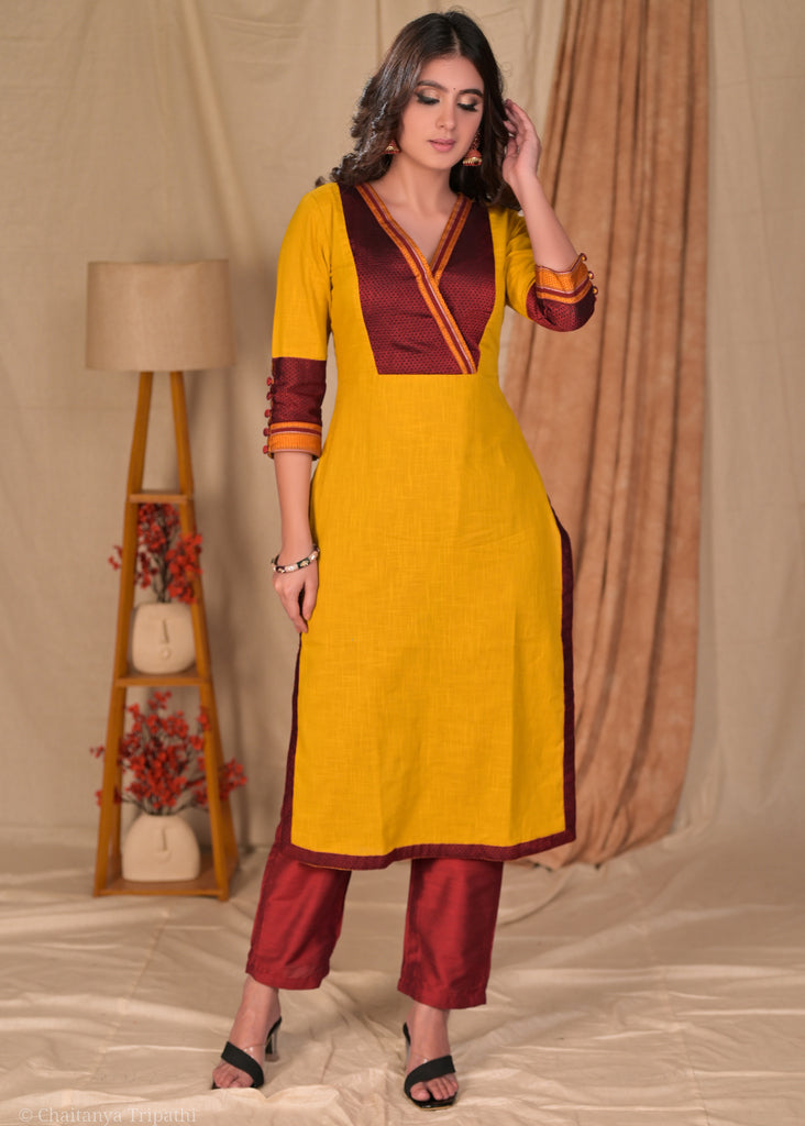 Exclusive Mustard Cotton Straight Cut Kurta with Khun Yoke - Pant Optional