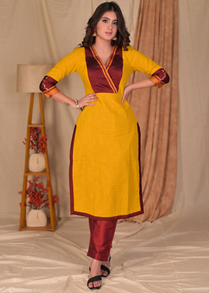 Exclusive Mustard Cotton Straight Cut Kurta with Khun Yoke - Pant Optional