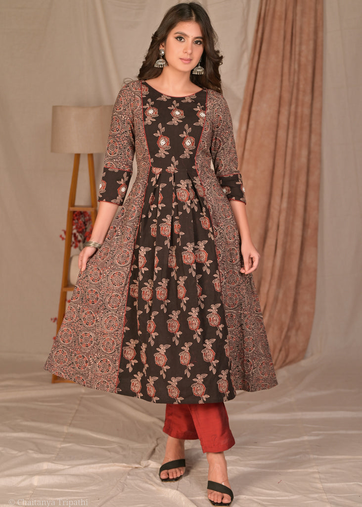 Elegant A Line Black Cotton Ajrakh Combination Kurta - Pant Optional