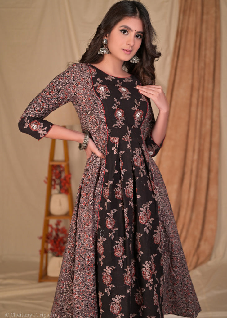 Elegant A Line Black Cotton Ajrakh Combination Kurta - Pant Optional