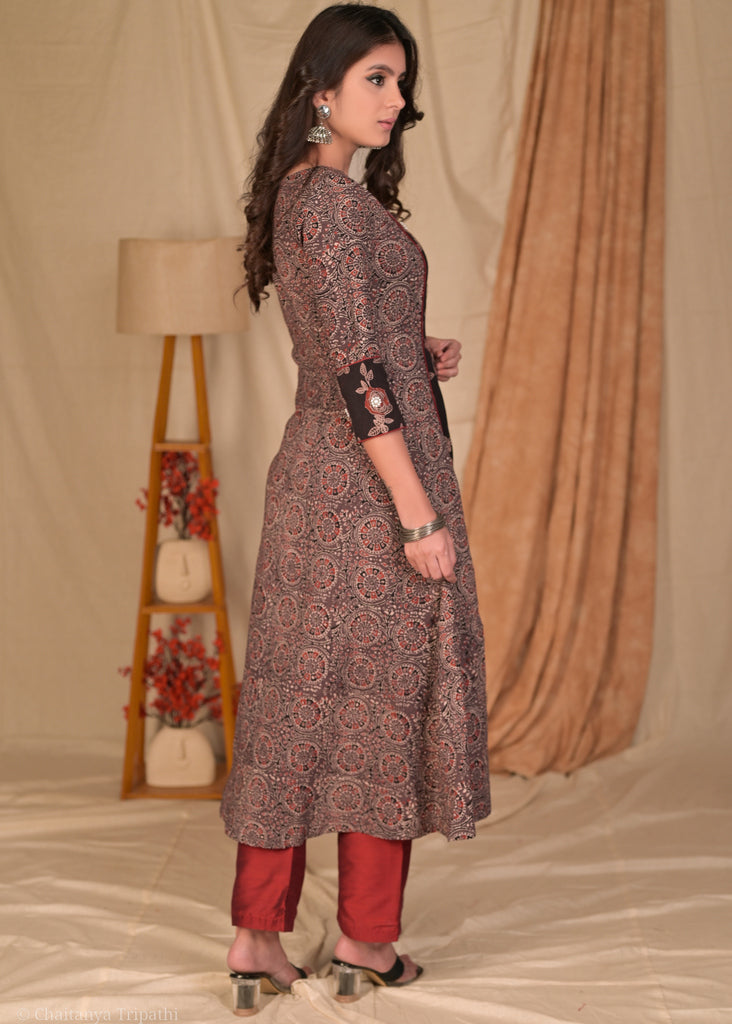 Elegant A Line Black Cotton Ajrakh Combination Kurta - Pant Optional