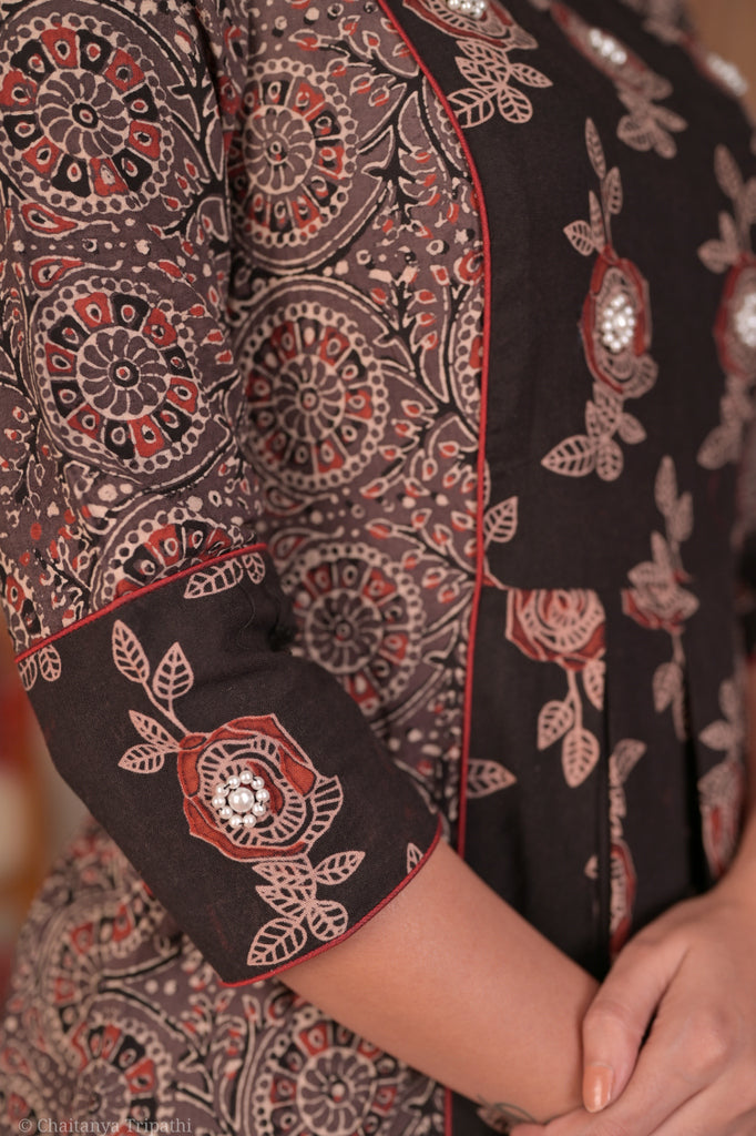 Elegant A Line Black Cotton Ajrakh Combination Kurta - Pant Optional