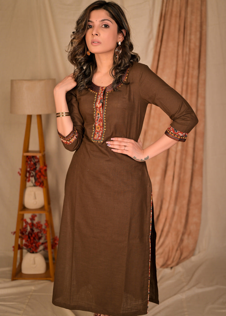 Classy Cotton Coffee Brown and Kalamkari Combination Embroidered Kurta - Pant Optional