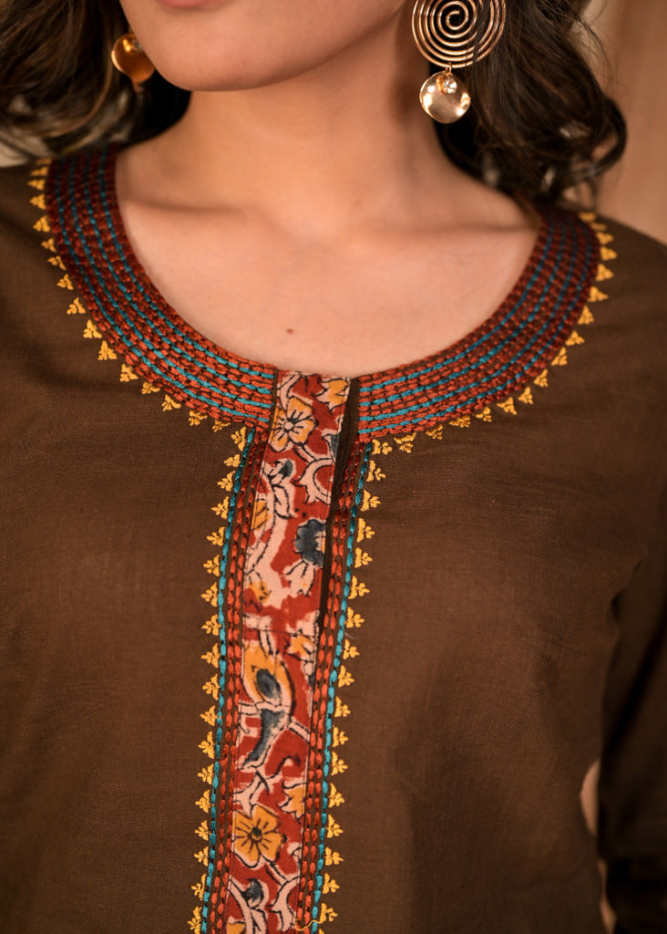 Classy Cotton Coffee Brown and Kalamkari Combination Embroidered Kurta - Pant Optional