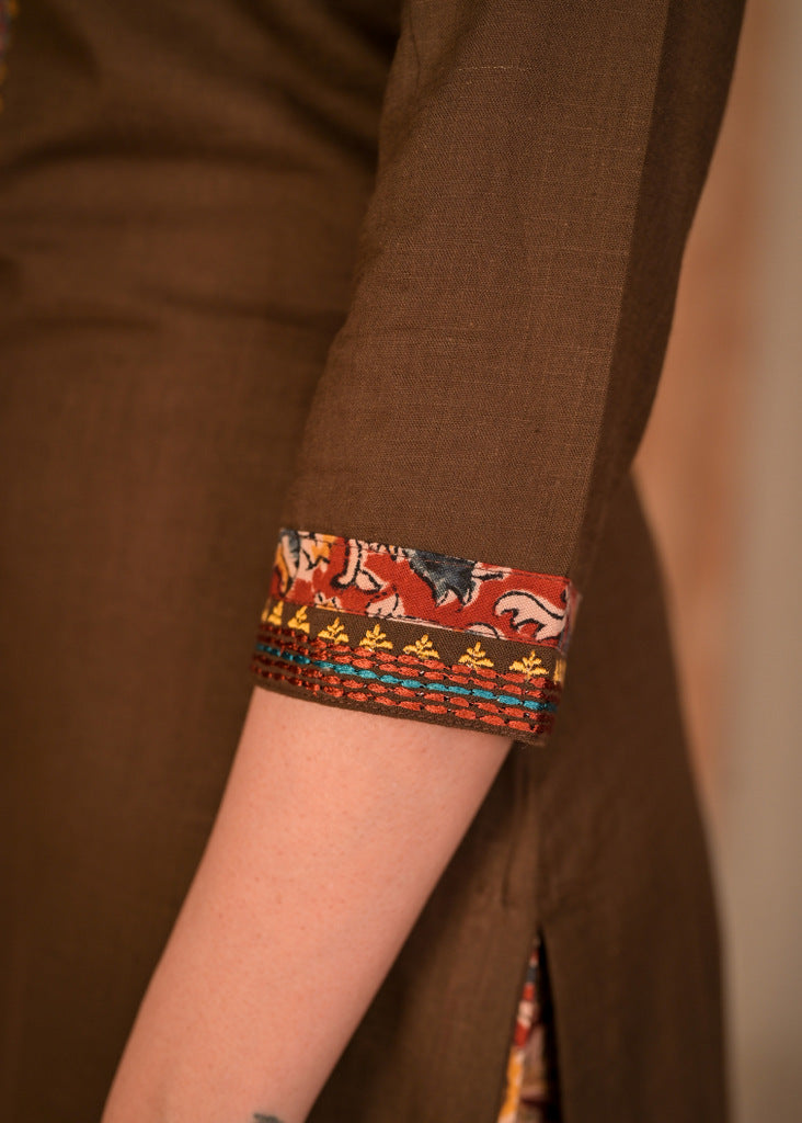 Classy Cotton Coffee Brown and Kalamkari Combination Embroidered Kurta - Pant Optional