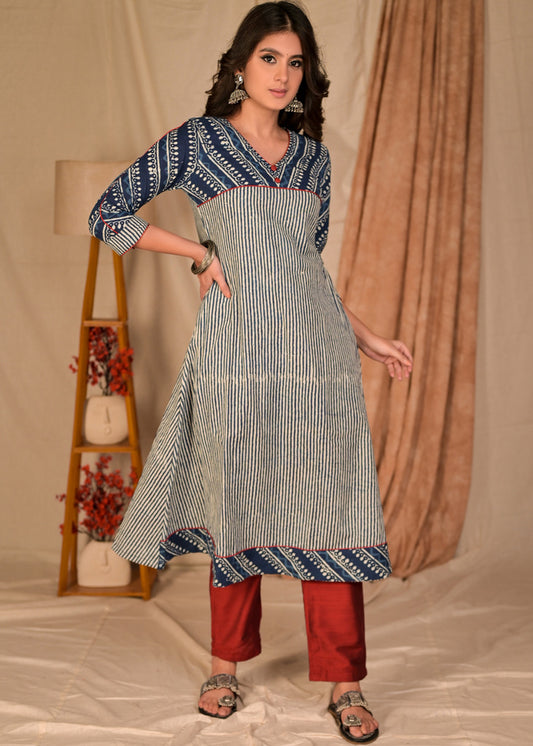 Classy Cotton Indigo Combination A Line Kurta - Pant Optional