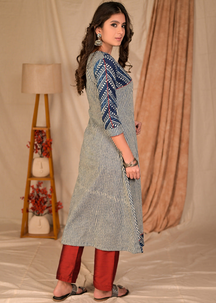 Classy Cotton Indigo Combination A Line Kurta - Pant Optional