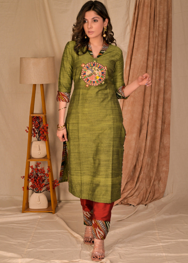 Exclusive Pure Cotton Straight Cut Kurta with Hand painted Madhubani Embroidered Applique - Pant Optional