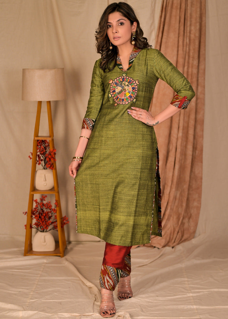 Exclusive Pure Cotton Straight Cut Kurta with Hand painted Madhubani Embroidered Applique - Pant Optional