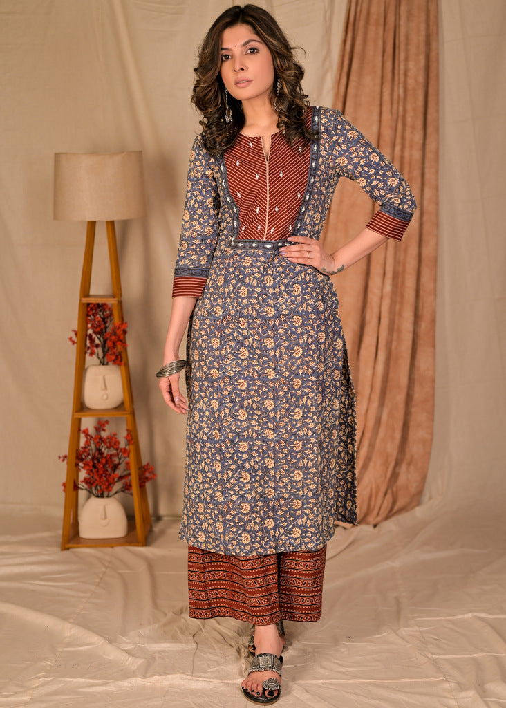 Straight Cut Blue Floral Print Cotton Kurta with Beautiful Hand Embroidered Yoke - Pant Optional