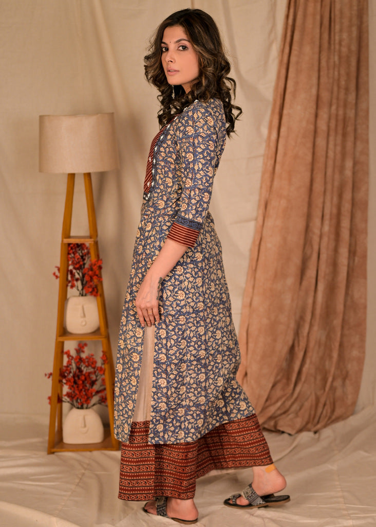 Straight Cut Blue Floral Print Cotton Kurta with Beautiful Hand Embroidered Yoke - Pant Optional
