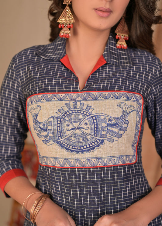 Trendy Blue Straight Cut Cotton Ikat Kurta with Hand Painted Madhubani Yoke
