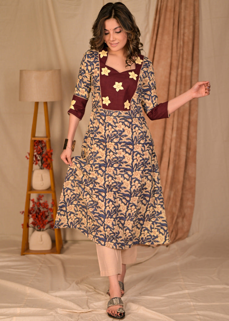 A Line Cotton Floral Print Kurta with Beautiful Floral Hand Painted Yoke - Pant Optional