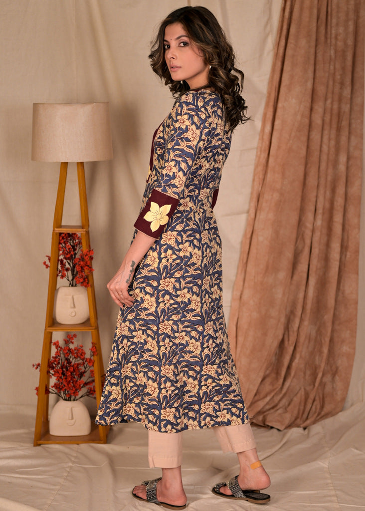 A Line Cotton Floral Print Kurta with Beautiful Floral Hand Painted Yoke - Pant Optional
