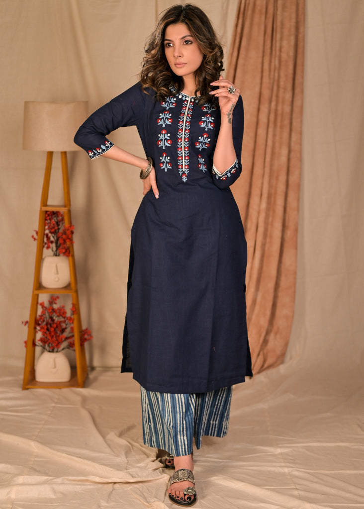 Exclusive Navy Blue Front Embroidered Cotton Kurta - Flared Indigo Palazzo Optional