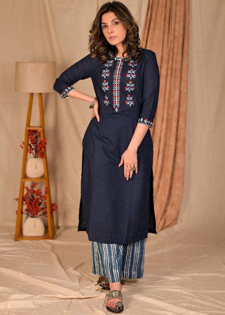 Exclusive Navy Blue Front Embroidered Cotton Kurta - Flared Indigo Palazzo Optional