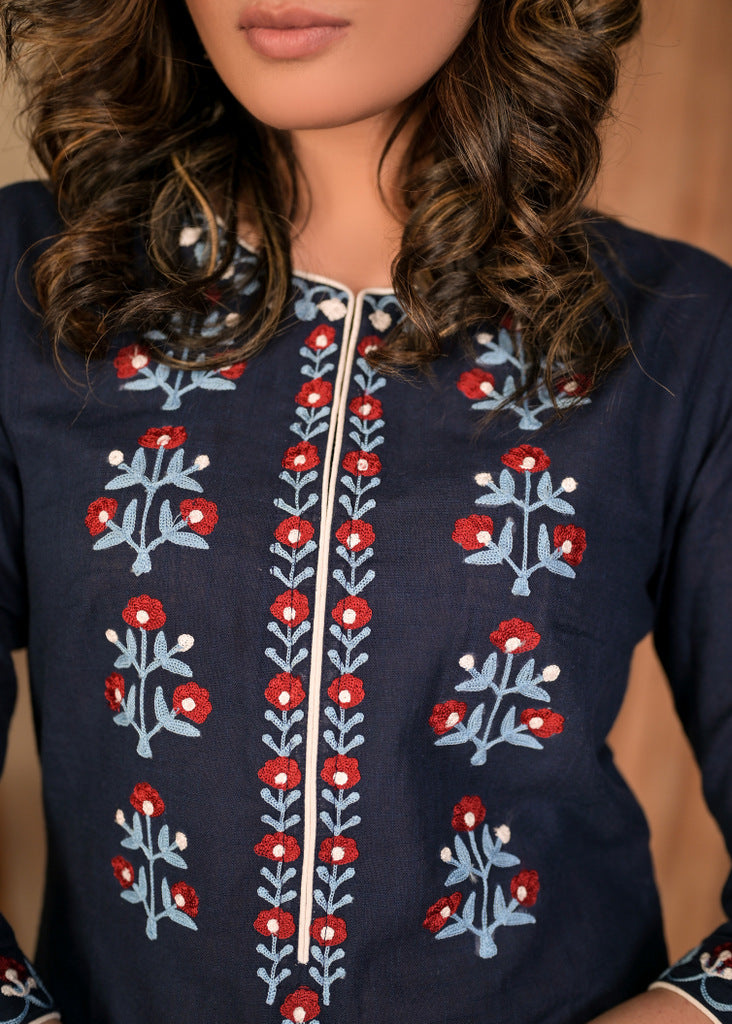 Exclusive Navy Blue Front Embroidered Cotton Kurta - Flared Indigo Palazzo Optional